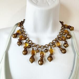 Miriam Haskell-Style Brass Tone Book Chain Link Art Deco Necklace Orange Lantern